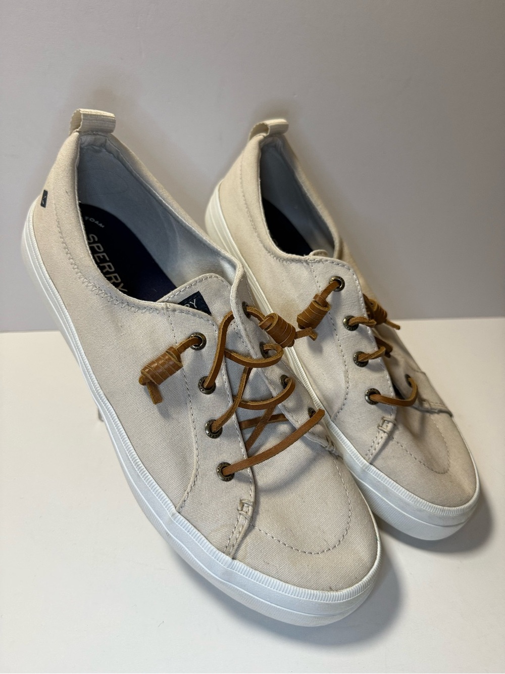 Sperry Women’s Low-Top Canvas Sneakers in Beige with Brown Laces